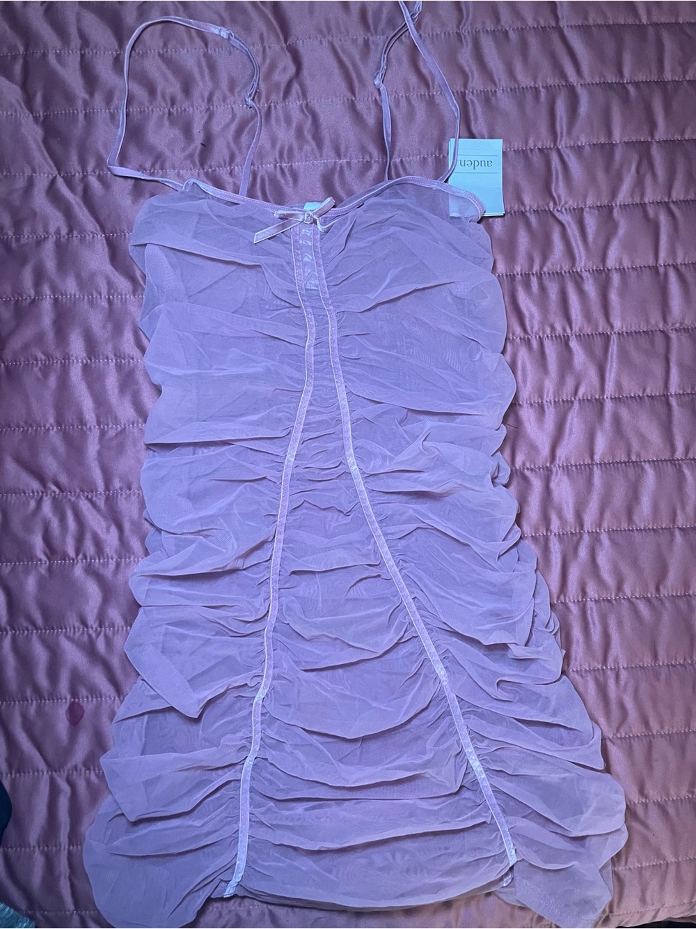 Auden Mauve Mesh Sheer Ruffle Bow Chemise Sleeveless Women's XS